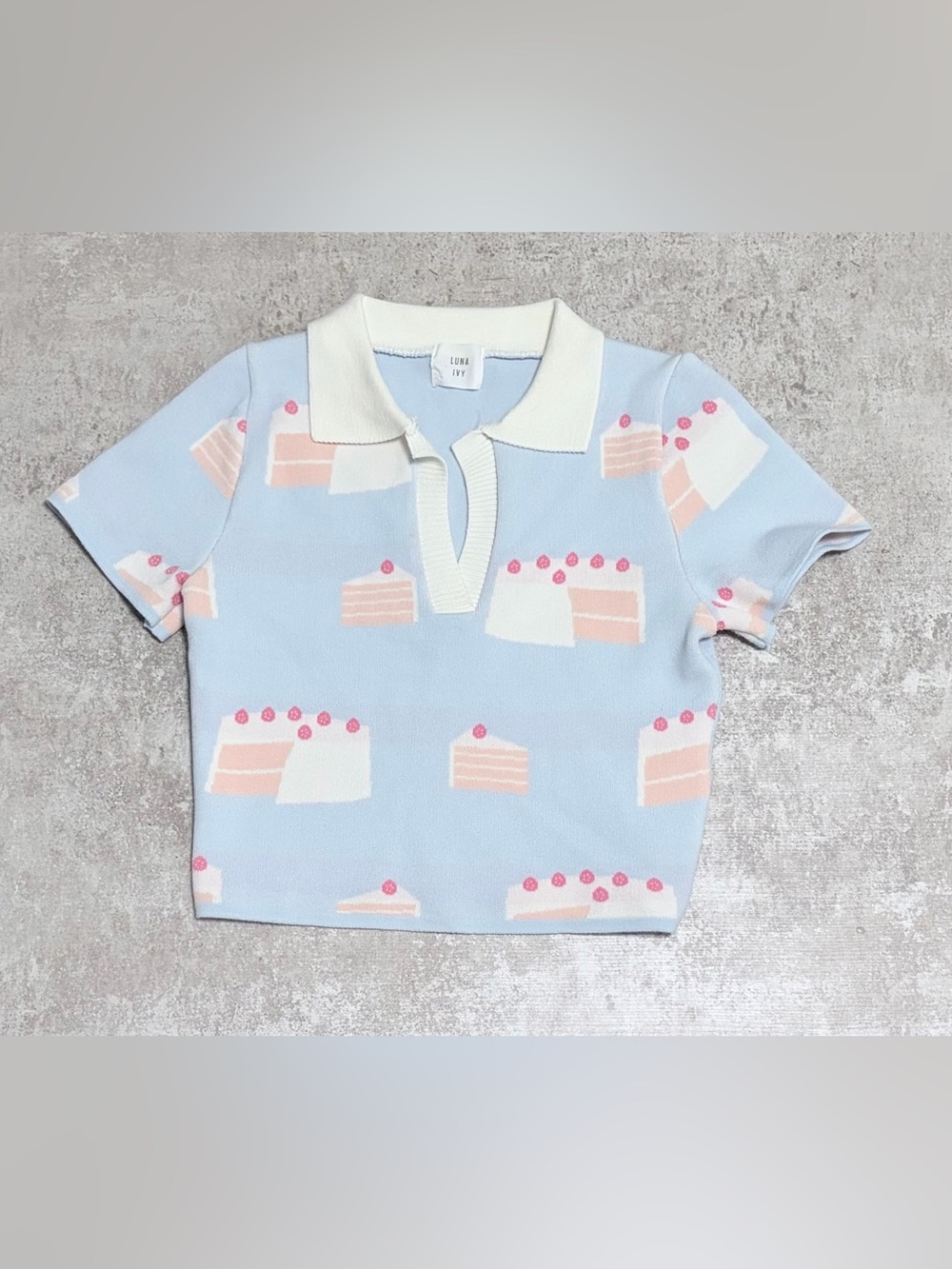 Luna Ivy Pastel Light Blue Pink Cake Print Ribbed Cropped Polo- small